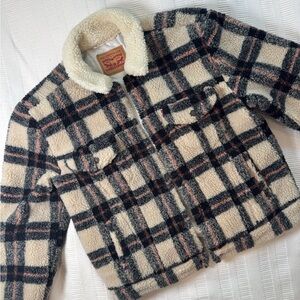 Levi's Cream and Black Plaid Teddy Jacket